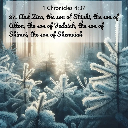 BasicEnglish 1 Chronicles  ; image nature: image with the bible verse :And Ziza, the son of Shiphi, the son of Allon, the son of Jedaiah, the son of Shimri, the son of Shemaiah; ; Discover tranquil Bible verse images enhanced with natural scenery like rippling brooks, snow-covered fields, and sunlit beaches. These free images are perfect for wallpapers or spiritual reflection. Share KJV 1 Chronicles 4:37. Current verse is overlayed with the thematic nature scene : Morning frost rimes every pine needle. Weak winter sun struggles to pierce the forest. ; 4:37