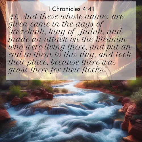 BasicEnglish 1 Chronicles  ; image nature: image with the bible verse :And these whose names are given came in the days of Hezekiah, king of Judah, and made an attack on the Meunim who were living there, and put an end to them to this day, and took their place, because there was grass there for their flocks. ; Explore beautiful Bible verse images paired with serene natural settings, such as calm seas, snowy paths, and verdant hills. Each image is free to download for your spiritual inspiration. Share KJV 1 Chronicles 4:41. Current verse is overlayed with the thematic nature scene : Spring floods transform a desert canyon into a rushing river. ; 4:41