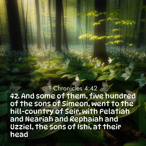 BasicEnglish 1 Chronicles  ; image nature: image with the bible verse :And some of them, five hundred of the sons of Simeon, went to the hill-country of Seir, with Pelatiah and Neariah and Rephaiah and Uzziel, the sons of Ishi, at their head. ; Discover tranquil Bible verse images enhanced with natural scenery like rippling brooks, snow-covered fields, and sunlit beaches. These free images are perfect for wallpapers or spiritual reflection. Share KJV 1 Chronicles 4:42. Current verse is overlayed with the thematic nature scene : Wild trillium carpets the forest floor. Sunlight filters green through new spring leaves. ; 4:42