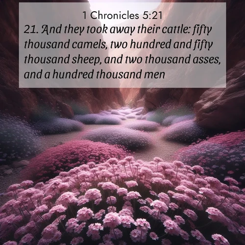 BasicEnglish 1 Chronicles  ; image nature: image with the bible verse :And they took away their cattle: fifty thousand camels, two hundred and fifty thousand sheep, and two thousand asses, and a hundred thousand men. ; Download Bible verse images paired with breathtaking nature photos like golden deserts, shimmering seas, and blossoming orchards. These high-quality, free images are perfect for wallpapers or sharing. Verses include KJV 1 Chronicles 5:21. Current verse is overlayed with the thematic nature scene : Desert verbena carpets hidden canyons. Flash flood waters carved these gardens. ; 5:21