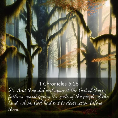 BasicEnglish 1 Chronicles  ; image nature: image with the bible verse :And they did evil against the God of their fathers, worshipping the gods of the people of the land, whom God had put to destruction before them. ; Explore a rich collection of Bible verse images beautifully illustrated by natural landscapes, such as colorful skies, towering mountains, and tranquil rivers. The images highlight the serenity of God&#039;s creation with vivid tones and carefully chosen typography. Download and share inspiring verses like KJV 1 Chronicles 5:25. Current verse is overlayed with the thematic nature scene : Autumn fog shrouds an old-growth forest draped in moss and lichen. ; 5:25
