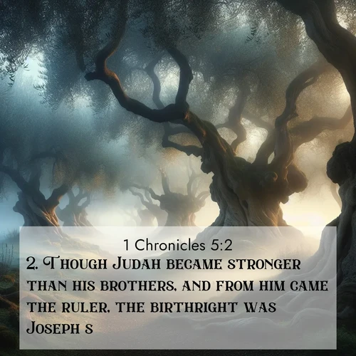 BasicEnglish 1 Chronicles  ; image nature: image with the bible verse :Though Judah became stronger than his brothers, and from him came the ruler, the birthright was Joseph&#039;s:) ; Discover beautiful Bible verse images enriched with natural landscapes, from serene beaches to cascading waterfalls. All images are free and ready to download. Share verses such as KJV 1 Chronicles 5:2. Current verse is overlayed with the thematic nature scene : Mist rolls through an ancient olive grove at dawn. Each gnarled trunk tells stories of centuries past. ; 5:2