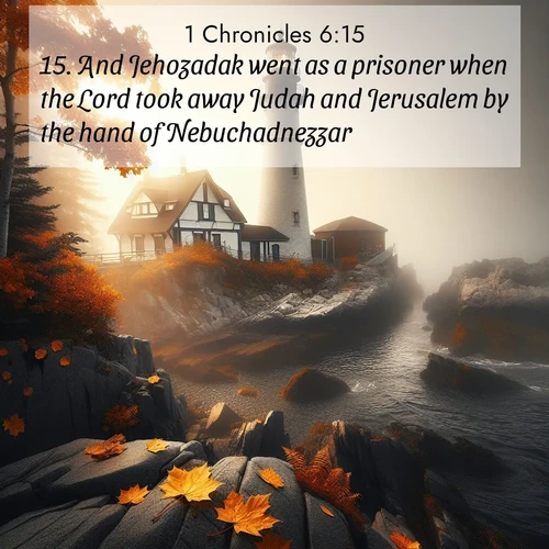 BasicEnglish 1 Chronicles  ; image nature: image with the bible verse :And Jehozadak went as a prisoner when the Lord took away Judah and Jerusalem by the hand of Nebuchadnezzar. ; Discover a gallery of Bible verse images showcasing the beauty of autumn, with golden leaves, red forests, and peaceful fields bathed in soft light. These soothing scenes are perfect for accompanying inspiring verses like KJV 1 Chronicles 6:15. Current verse is overlayed with the thematic nature scene : Autumn fog shrouds a lighthouse on rocky shores. ; 6:15