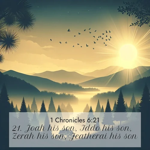 BasicEnglish 1 Chronicles  ; image nature: image with the bible verse :Joah his son, Iddo his son, Zerah his son, Jeatherai his son. ; Discover Bible verses beautifully integrated with natural scenes of varied seasons, featuring summer skies, winter snow, autumn leaves, and spring blooms. Each image captures the splendor and peace of God&#039;s creation. Share verses like KJV 1 Chronicles 6:21. Current verse is overlayed with the thematic nature scene : Morning mist reveals hidden valleys. Birdsong heralds the dawn. ; 6:21