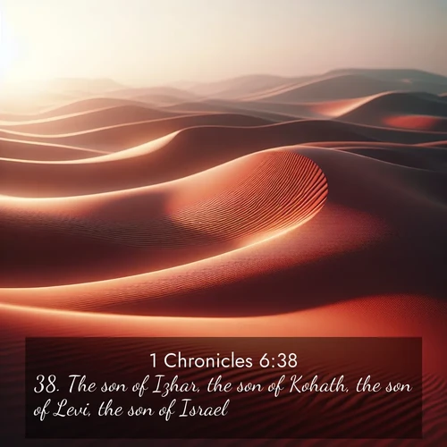 BasicEnglish 1 Chronicles  ; image nature: image with the bible verse :The son of Izhar, the son of Kohath, the son of Levi, the son of Israel. ; Explore our vast collection of images featuring beautifully illustrated Bible verses accompanied by nature photos. Discover inspiring and motivating verses paired with soothing landscapes, like shimmering lakes, majestic mountains, and lush forests. Our images highlight the peaceful beauty of God&#039;s creation with vibrant colors and varied fonts. Download and share verse images like KJV 1 Chronicles 6:38. Current verse is overlayed with the thematic nature scene : Desert wind sculpts abstract patterns in red sand. ; 6:38