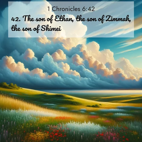 BasicEnglish 1 Chronicles  ; image nature: image with the bible verse :The son of Ethan, the son of Zimmah, the son of Shimei, ; Discover a gallery of Bible verse images showcasing the beauty of autumn, with golden leaves, red forests, and peaceful fields bathed in soft light. These soothing scenes are perfect for accompanying inspiring verses like KJV 1 Chronicles 6:42. Current verse is overlayed with the thematic nature scene : Summer thunderheads build over grasslands dotted with wildflowers. ; 6:42