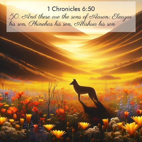 BasicEnglish 1 Chronicles  ; image nature: image with the bible verse :And these are the sons of Aaron: Eleazar his son, Phinehas his son, Abishua his son, ; Discover breathtaking Bible verse images combined with vibrant landscapes like rolling hills, blooming gardens, and starry nights. Use them as wallpapers or to inspire others. Download verses like KJV 1 Chronicles 6:50. Current verse is overlayed with the thematic nature scene : Spring wildflowers carpet Death Valley in gold. A coyote&#039;s silhouette melts into the blooms. ; 6:50