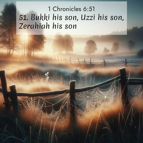 BasicEnglish 1 Chronicles  ; image nature: image with the bible verse :Bukki his son, Uzzi his son, Zerahiah his son, ; Discover a rich selection of Bible verse images illustrated by natural landscapes like tranquil beaches, golden fields, and majestic trees. These images aim to capture the peace and beauty of God&#039;s creation, with vibrant colors and varied typography. Download and share inspiring verses like KJV 1 Chronicles 6:51. Current verse is overlayed with the thematic nature scene : Morning frost coats spider webs stretched between fence posts in a country meadow. ; 6:51