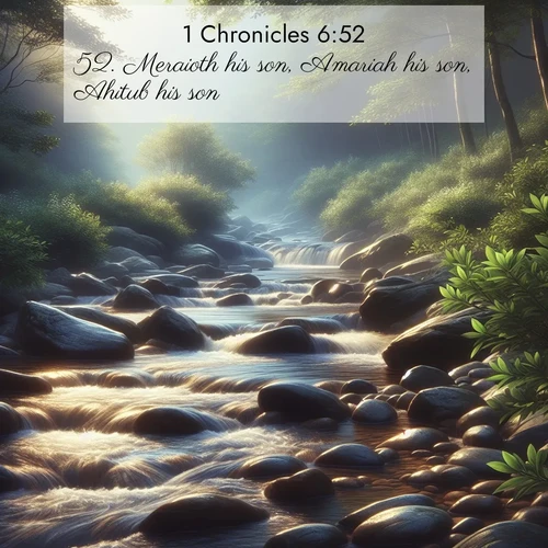 BasicEnglish 1 Chronicles  ; image nature: image with the bible verse :Meraioth his son, Amariah his son, Ahitub his son, ; Discover Bible verse images capturing the warmth of summer, with beach landscapes, sunlit fields, and clear skies. These bright scenes reflect divine joy. Share verses like KJV 1 Chronicles 6:52. Current verse is overlayed with the thematic nature scene : A mountain stream tumbles over smooth rocks between banks of mountain laurel. ; 6:52