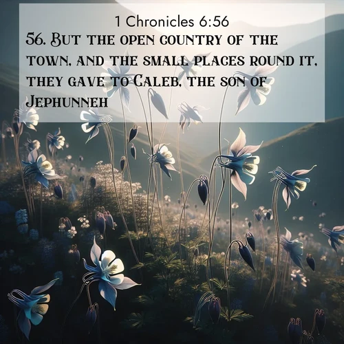 BasicEnglish 1 Chronicles  ; image nature: image with the bible verse :But the open country of the town, and the small places round it, they gave to Caleb, the son of Jephunneh. ; Admire Bible verse images capturing the beauty of beaches, with turquoise waters, palm trees, and peaceful shores. These soothing scenes reflect God&#039;s serenity and majesty. Download and share verses like KJV 1 Chronicles 6:56. Current verse is overlayed with the thematic nature scene : Wild columbines dance on impossibly thin stems. Mountain breezes carry their perfume. ; 6:56