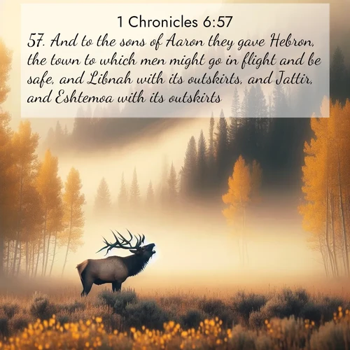 BasicEnglish 1 Chronicles  ; image nature: image with the bible verse :And to the sons of Aaron they gave Hebron, the town to which men might go in flight and be safe, and Libnah with its outskirts, and Jattir, and Eshtemoa with its outskirts, ; Admire our gallery of Bible verse images showcasing divine beauty in nature—whether snowy peaks or serene oceans. Each image is freely downloadable and perfect for personal or spiritual use. Share verses like KJV 1 Chronicles 6:57. Current verse is overlayed with the thematic nature scene : A bull elk bugles across a misty valley. Aspen leaves quake golden in response. ; 6:57