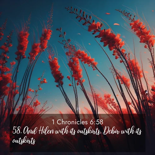 BasicEnglish 1 Chronicles  ; image nature: image with the bible verse :And Hilen with its outskirts, Debir with its outskirts, ; Discover beautiful Bible verse images enriched with natural landscapes, from serene beaches to cascading waterfalls. All images are free and ready to download. Share verses such as KJV 1 Chronicles 6:58. Current verse is overlayed with the thematic nature scene : Desert ocotillo flames against blue sky. Wind sings through its scarlet blooms. ; 6:58