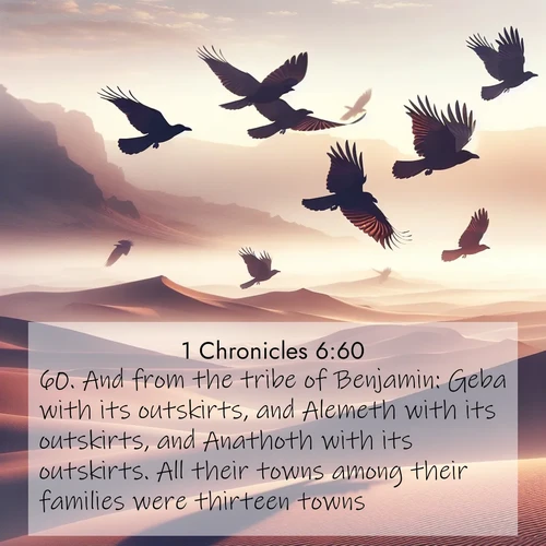 BasicEnglish 1 Chronicles  ; image nature: image with the bible verse :And from the tribe of Benjamin: Geba with its outskirts, and Alemeth with its outskirts, and Anathoth with its outskirts. All their towns among their families were thirteen towns. ; Explore a spring collection of Bible images, with landscapes of green hills, wildflowers, and crystal-clear streams. These images symbolize the blossoming of God&#039;s creation. Download verses like KJV 1 Chronicles 6:60. Current verse is overlayed with the thematic nature scene : Desert ravens soar on thermal currents. Their wings wear shadows like cloaks. ; 6:60