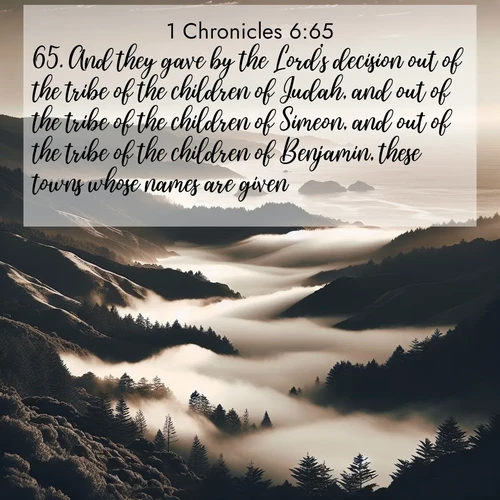 BasicEnglish 1 Chronicles  ; image nature: image with the bible verse :And they gave by the Lord&#039;s decision out of the tribe of the children of Judah, and out of the tribe of the children of Simeon, and out of the tribe of the children of Benjamin, these towns whose names are given. ; Dive into a gallery of Bible verses illustrated by tropical beach scenes, featuring sparkling waves, seashells, and radiant sunrises. These images evoke divine peace and joy. Download and share inspiring verses like KJV 1 Chronicles 6:65. Current verse is overlayed with the thematic nature scene : Coastal fog rolls inland through gaps in seaside hills. ; 6:65