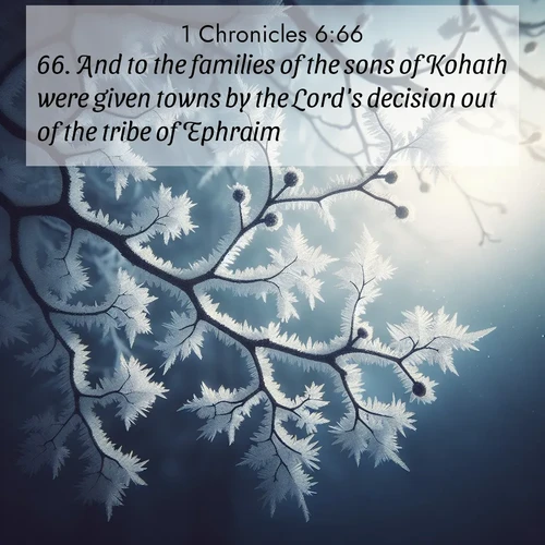 BasicEnglish 1 Chronicles  ; image nature: image with the bible verse :And to the families of the sons of Kohath were given towns by the Lord&#039;s decision out of the tribe of Ephraim. ; Explore serene Bible verse images adorned with photos of divine creation—tranquil beaches, snowy mountains, and starry skies. Each image is free to download and share. Verses include KJV 1 Chronicles 6:66. Current verse is overlayed with the thematic nature scene : Winter frost coats bare branches in delicate crystal. ; 6:66