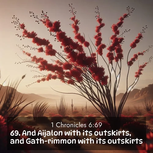 BasicEnglish 1 Chronicles  ; image nature: image with the bible verse :And Aijalon with its outskirts, and Gath-rimmon with its outskirts; ; Admire Bible images representing autumn, with swirling leaves, misty skies, and vibrant trees. These images inspire profound spiritual reflection. Download and share verses like KJV 1 Chronicles 6:69. Current verse is overlayed with the thematic nature scene : Desert ocotillo flames crimson red. Wind sings through thorny branches. ; 6:69