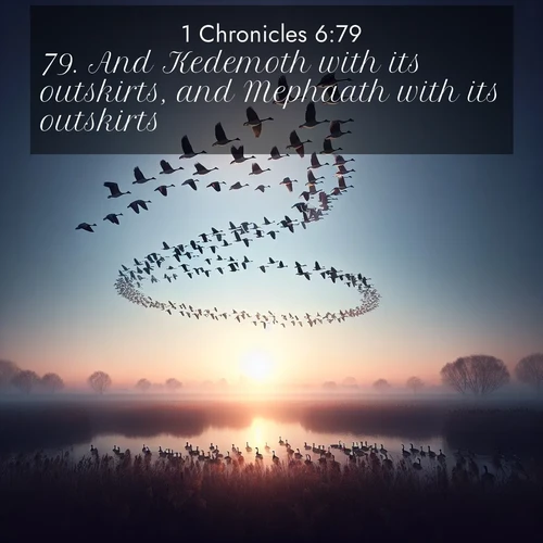 BasicEnglish 1 Chronicles  ; image nature: image with the bible verse :And Kedemoth with its outskirts, and Mephaath with its outskirts; ; Discover Bible images capturing the splendor of deserts, with golden dunes, vast skies, and peaceful oases. These landscapes highlight the grandeur and serenity of God&#039;s creation. Share verses like KJV 1 Chronicles 6:79. Current verse is overlayed with the thematic nature scene : Wild geese arrow through dawn sky. Their calls wake sleeping marshes. ; 6:79