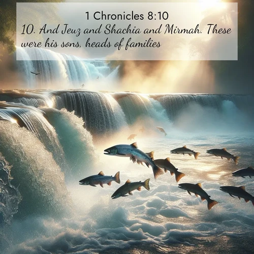 BasicEnglish 1 Chronicles  ; image nature: image with the bible verse :And Jeuz and Shachia and Mirmah. These were his sons, heads of families. ; Dive into our collection of Bible verse images combined with sublime nature photos, such as graceful waterfalls, radiant sunsets, and endless meadows. These compositions highlight the peace and harmony of God&#039;s creation with vivid colors and carefully integrated text. Download and share verses like KJV 1 Chronicles 8:10. Current verse is overlayed with the thematic nature scene : Wild salmon leap ancient waterfalls. Mist rises like spirits in morning light. ; 8:10