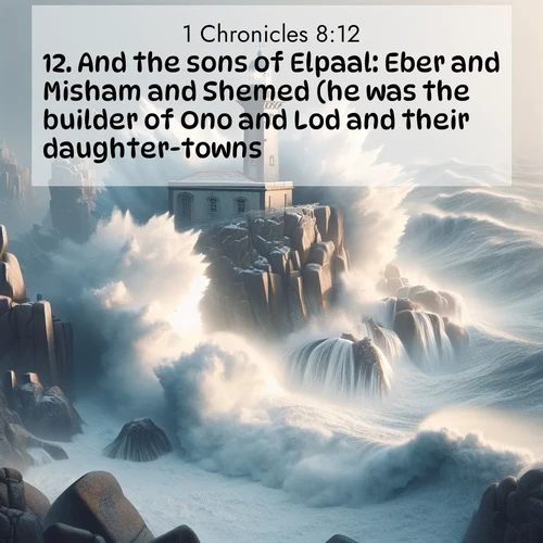 BasicEnglish 1 Chronicles  ; image nature: image with the bible verse :And the sons of Elpaal: Eber and Misham and Shemed (he was the builder of Ono and Lod and their daughter-towns); ; Dive into our collection of Bible verse images combined with sublime nature photos, such as graceful waterfalls, radiant sunsets, and endless meadows. These compositions highlight the peace and harmony of God&#039;s creation with vivid colors and carefully integrated text. Download and share verses like KJV 1 Chronicles 8:12. Current verse is overlayed with the thematic nature scene : Winter storms send massive waves crashing against lighthouse rocks. ; 8:12
