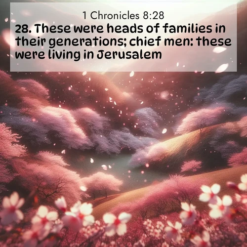 BasicEnglish 1 Chronicles  ; image nature: image with the bible verse :These were heads of families in their generations; chief men: these were living in Jerusalem. ; Download Bible verse images featuring vibrant photos of nature, from snowy landscapes to golden deserts. These free images are perfect for phone wallpapers, desktop backgrounds, or sharing. Verses include KJV 1 Chronicles 8:28. Current verse is overlayed with the thematic nature scene : Cherry blossoms blanket the hillside in soft pink snow, swirling through the air like nature&#039;s confetti. ; 8:28
