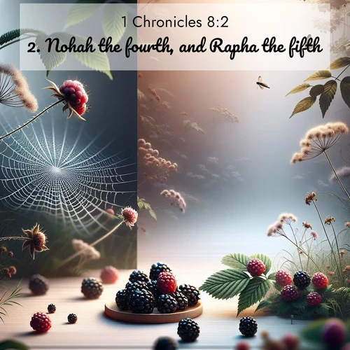 BasicEnglish 1 Chronicles  ; image nature: image with the bible verse :Nohah the fourth, and Rapha the fifth. ; Dive into our collection of Bible verse images beautifully illustrated with beach photos, featuring gentle waves, sunsets over the sea, and sandy shores. These scenes evoke the peace and majesty of God. Download and share inspiring verses like KJV 1 Chronicles 8:2. Current verse is overlayed with the thematic nature scene : Wild blackberries ripen in secret hollows. Morning spider webs catch dew like diamonds. ; 8:2