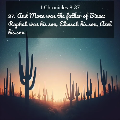 BasicEnglish 1 Chronicles  ; image nature: image with the bible verse :And Moza was the father of Binea: Raphah was his son, Eleasah his son, Azel his son; ; Browse our collection of vibrant Bible verse images set against calming backdrops like tropical shores, quiet woods, and majestic mountains. Download free wallpapers featuring KJV 1 Chronicles 8:37. Current verse is overlayed with the thematic nature scene : Desert stars shine brilliantly above towering saguaro silhouettes. ; 8:37