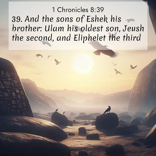 BasicEnglish 1 Chronicles  ; image nature: image with the bible verse :And the sons of Eshek his brother: Ulam his oldest son, Jeush the second, and Eliphelet the third. ; Discover a rich selection of Bible verse images illustrated by natural landscapes like tranquil beaches, golden fields, and majestic trees. These images aim to capture the peace and beauty of God&#039;s creation, with vibrant colors and varied typography. Download and share inspiring verses like KJV 1 Chronicles 8:39. Current verse is overlayed with the thematic nature scene : Desert petroglyphs tell ancient stories. Ravens soar past wearing shadows for wings. ; 8:39