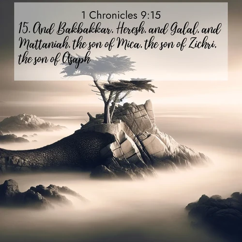 BasicEnglish 1 Chronicles  ; image nature: image with the bible verse :And Bakbakkar, Heresh, and Galal, and Mattaniah, the son of Mica, the son of Zichri, the son of Asaph; ; Browse our selection of stunning Bible verse images featuring unique natural scenes like fiery autumn forests, serene meadows, and starlit skies. Download and share verses like KJV 1 Chronicles 9:15 for free. Current verse is overlayed with the thematic nature scene : A lone cypress stands sentinel on a wave-carved point. Pacific storms have shaped its every branch. ; 9:15