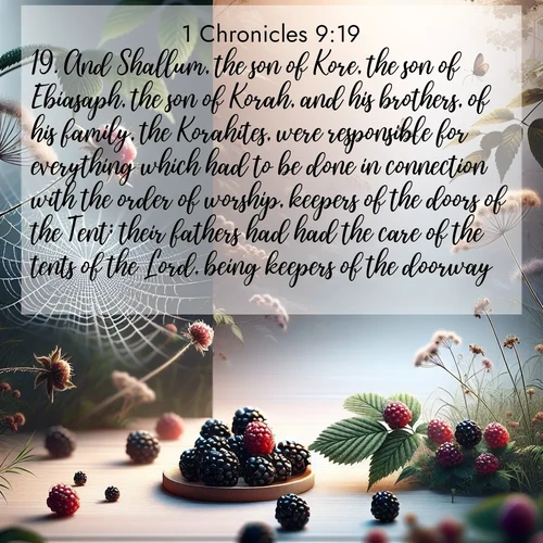 BasicEnglish 1 Chronicles  ; image nature: image with the bible verse :And Shallum, the son of Kore, the son of Ebiasaph, the son of Korah, and his brothers, of his family, the Korahites, were responsible for everything which had to be done in connection with the order of worship, keepers of the doors of the Tent; their fathers had had the care of the tents of the Lord, being keepers of the doorway. ; Explore Bible verse images highlighting the beauty of spring, with vibrant flowers, butterflies, and blossoming fruit trees. These scenes evoke divine hope and renewal. Download inspiring verses like KJV 1 Chronicles 9:19. Current verse is overlayed with the thematic nature scene : Wild blackberries ripen in secret hollows. Morning spider webs catch dew like diamonds. ; 9:19