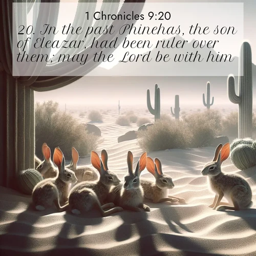BasicEnglish 1 Chronicles  ; image nature: image with the bible verse :In the past Phinehas, the son of Eleazar, had been ruler over them; may the Lord be with him! ; Discover beautiful Bible verse images enriched with natural landscapes, from serene beaches to cascading waterfalls. All images are free and ready to download. Share verses such as KJV 1 Chronicles 9:20. Current verse is overlayed with the thematic nature scene : Desert jackrabbits rest in cactus shade. Heat waves distort distant peaks. ; 9:20