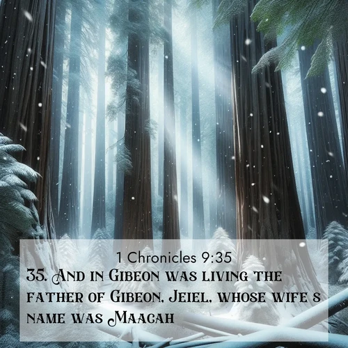 BasicEnglish 1 Chronicles  ; image nature: image with the bible verse :And in Gibeon was living the father of Gibeon, Jeiel, whose wife&#039;s name was Maacah; ; Admire stunning Bible verse images paired with photos of peaceful landscapes, such as foggy mornings, serene rivers, and blooming gardens. Download these free images and share verses like KJV 1 Chronicles 9:35. Current verse is overlayed with the thematic nature scene : Snow falls silently on ancient redwoods. Shafts of light pierce through to illuminate the forest floor. ; 9:35