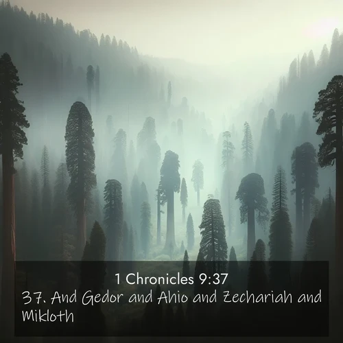 BasicEnglish 1 Chronicles  ; image nature: image with the bible verse :And Gedor and Ahio and Zechariah and Mikloth ; Discover a unique collection of Bible verses adorned with winter landscapes, such as snow-covered forests, gently falling snowflakes, and pristine mountains. These images evoke the peace and purity of God&#039;s creation. Share verses like KJV 1 Chronicles 9:37. Current verse is overlayed with the thematic nature scene : Ancient sequoias pierce through valley fog. Centuries of growth reach for filtered light. ; 9:37