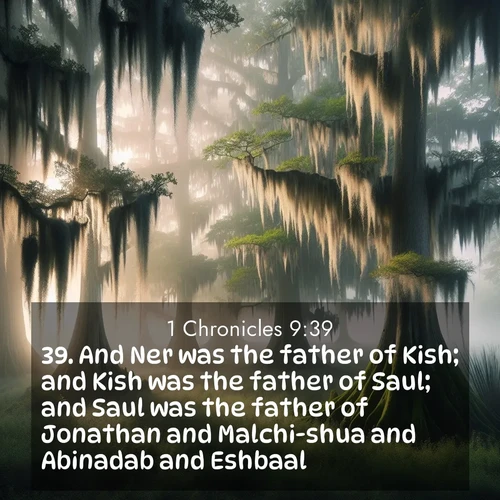 BasicEnglish 1 Chronicles  ; image nature: image with the bible verse :And Ner was the father of Kish; and Kish was the father of Saul; and Saul was the father of Jonathan and Malchi-shua and Abinadab and Eshbaal. ; Download stunning Bible verse images paired with nature scenes like rolling clouds, sparkling waters, and vibrant flower fields. These free images are perfect for spiritual reflection or wallpaper use. Share KJV 1 Chronicles 9:39. Current verse is overlayed with the thematic nature scene : Moss-draped cypress trees emerge from morning fog. Spanish moss sways like ancient lace. ; 9:39