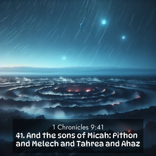 BasicEnglish 1 Chronicles  ; image nature: image with the bible verse :And the sons of Micah: Pithon and Melech and Tahrea and Ahaz. ; Explore serene Bible verse images adorned with photos of divine creation—tranquil beaches, snowy mountains, and starry skies. Each image is free to download and share. Verses include KJV 1 Chronicles 9:41. Current verse is overlayed with the thematic nature scene : Volcanic steam rises through a field of black lava. Stars wheel overhead in the thin air. ; 9:41