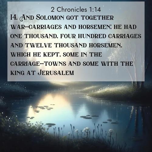 BBE 2 Chronicles 1:14 overlaying nature image scene: Spring peepers call from a pond reflecting the first evening stars.;14. And Solomon got together war-carriages and horsemen; he had one thousand, four hundred carriages and twelve thousand horsemen, which he kept, some in the carriage-towns and some with the king at Jerusalem.