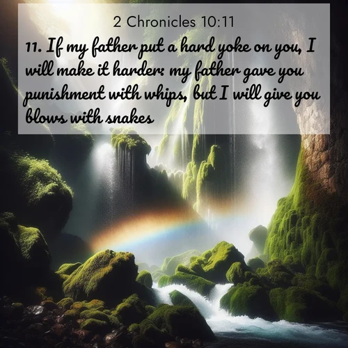 BasicEnglish 2 Chronicles  ; image nature: image with the bible verse :If my father put a hard yoke on you, I will make it harder: my father gave you punishment with whips, but I will give you blows with snakes. ; Discover our curated gallery of Bible verse images with breathtaking scenery, from tranquil deserts to lush green pastures. Perfect for phone wallpapers or sharing online. Download verses like KJV 2 Chronicles 10:11. Current verse is overlayed with the thematic nature scene : A waterfall thunders through ancient moss-covered rocks while rainbow mist rises where water meets stone. ; 10:11