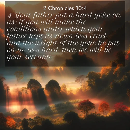 BasicEnglish 2 Chronicles  ; image nature: image with the bible verse :Your father put a hard yoke on us: if you will make the conditions under which your father kept us down less cruel, and the weight of the yoke he put on us less hard, then we will be your servants. ; Discover a unique collection of Bible verses adorned with winter landscapes, such as snow-covered forests, gently falling snowflakes, and pristine mountains. These images evoke the peace and purity of God&#039;s creation. Share verses like KJV 2 Chronicles 10:4. Current verse is overlayed with the thematic nature scene : Autumn mist rises from warming morning valleys. ; 10:4
