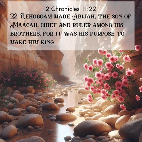 BasicEnglish 2 Chronicles  ; image nature: image with the bible verse :Rehoboam made Abijah, the son of Maacah, chief and ruler among his brothers, for it was his purpose to make him king. ; Dive into our collection of Bible verse images combined with sublime nature photos, such as graceful waterfalls, radiant sunsets, and endless meadows. These compositions highlight the peace and harmony of God&#039;s creation with vivid colors and carefully integrated text. Download and share verses like KJV 2 Chronicles 11:22. Current verse is overlayed with the thematic nature scene : Desert roses bloom in a hidden canyon after rare rainfall. Their pink petals contrast against weathered sandstone walls. ; 11:22