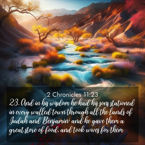 BasicEnglish 2 Chronicles  ; image nature: image with the bible verse :And in his wisdom he had his sons stationed in every walled town through all the lands of Judah and Benjamin; and he gave them a great store of food, and took wives for them. ; Discover Bible images illustrated by desert landscapes, like sand dunes, majestic rocks, and starry skies. These images symbolize the grandeur and immensity of God&#039;s creation. Download verses like KJV 2 Chronicles 11:23. Current verse is overlayed with the thematic nature scene : Spring floods transform desert arroyos into rushing streams. ; 11:23