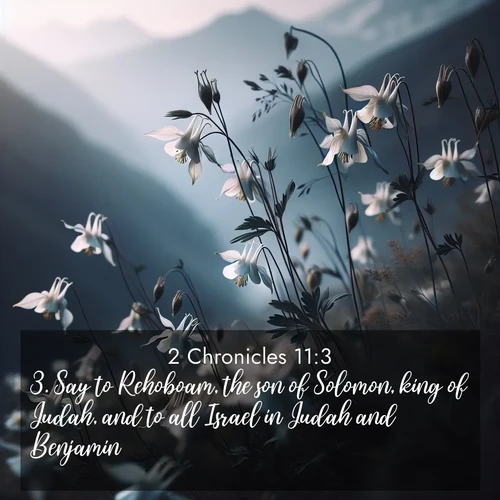 BasicEnglish 2 Chronicles  ; image nature: image with the bible verse :Say to Rehoboam, the son of Solomon, king of Judah, and to all Israel in Judah and Benjamin, ; Discover a unique collection of Bible verses adorned with winter landscapes, such as snow-covered forests, gently falling snowflakes, and pristine mountains. These images evoke the peace and purity of God&#039;s creation. Share verses like KJV 2 Chronicles 11:3. Current verse is overlayed with the thematic nature scene : Wild columbines dance in breeze. Mountain air carries their perfume. ; 11:3