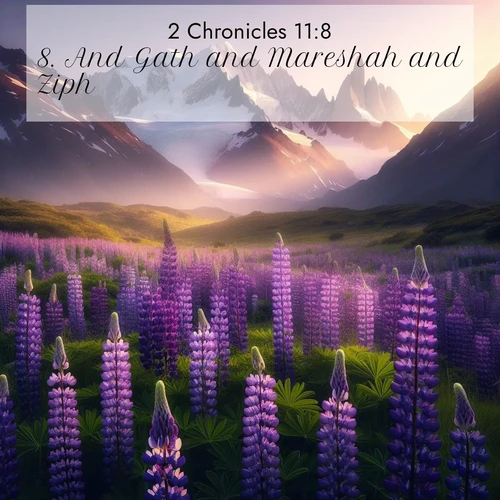 BasicEnglish 2 Chronicles  ; image nature: image with the bible verse :And Gath and Mareshah and Ziph ; Discover a unique collection of Bible verses adorned with winter landscapes, such as snow-covered forests, gently falling snowflakes, and pristine mountains. These images evoke the peace and purity of God&#039;s creation. Share verses like KJV 2 Chronicles 11:8. Current verse is overlayed with the thematic nature scene : Wild lupines paint mountain meadows purple. Snow lingers on distant peaks. ; 11:8