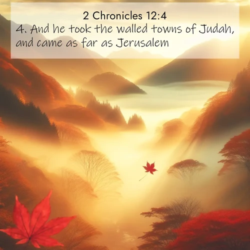 BBE 2 Chronicles 12:4 overlaying nature image scene: Autumn fog fills a mountain valley. A red maple leaf drifts through golden light.;4. And he took the walled towns of Judah, and came as far as Jerusalem.