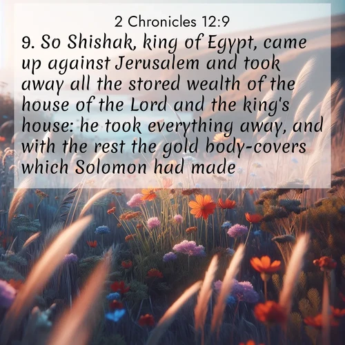 BBE 2 Chronicles 12:9 overlaying nature image scene: Summer wildflowers wave in the breeze on coastal bluffs.;9. So Shishak, king of Egypt, came up against Jerusalem and took away all the stored wealth of the house of the Lord and the king's house: he took everything away, and with the rest the gold body-covers which Solomon had made.
