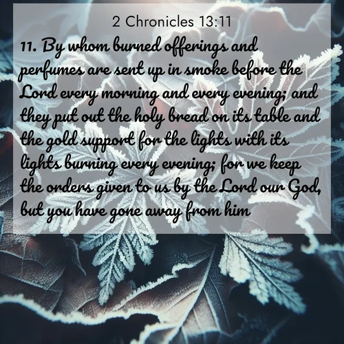 BBE 2 Chronicles 13:11 overlaying nature image scene: Winter frost creates delicate patterns on fallen leaves.;11. By whom burned offerings and perfumes are sent up in smoke before the Lord every morning and every evening; and they put out the holy bread on its table and the gold support for the lights with its lights burning every evening; for we keep the orders given to us by the Lord our God, but you have gone away from him.