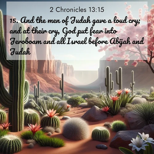 BBE 2 Chronicles 13:15 overlaying nature image scene: Desert cacti burst with spring blooms against red sandstone formations.;15. And the men of Judah gave a loud cry; and at their cry, God put fear into Jeroboam and all Israel before Abijah and Judah.