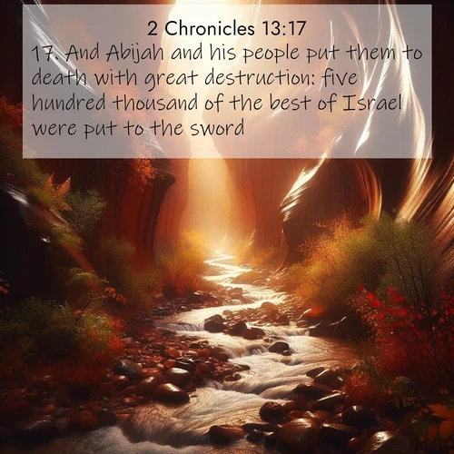 BBE 2 Chronicles 13:17 overlaying nature image scene: Autumn rain creates temporary streams in slot canyons.;17. And Abijah and his people put them to death with great destruction: five hundred thousand of the best of Israel were put to the sword.