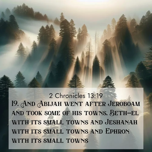BBE 2 Chronicles 13:19 overlaying nature image scene: Coastal redwoods disappear into fog. Filtered sunlight creates divine rays.;19. And Abijah went after Jeroboam and took some of his towns, Beth-el with its small towns and Jeshanah with its small towns and Ephron with its small towns.