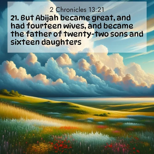 BBE 2 Chronicles 13:21 overlaying nature image scene: Summer thunderheads build over grasslands dotted with wildflowers.;21. But Abijah became great, and had fourteen wives, and became the father of twenty-two sons and sixteen daughters.