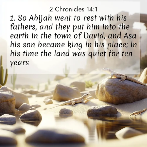 BBE 2 Chronicles 14:1 overlaying nature image scene: Desert lizards bask on sun-warmed rocks near ancient ruins.;1. So Abijah went to rest with his fathers, and they put him into the earth in the town of David, and Asa his son became king in his place; in his time the land was quiet for ten years.