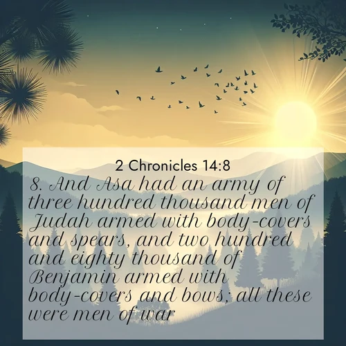 BasicEnglish 2 Chronicles  ; image nature: image with the bible verse :And Asa had an army of three hundred thousand men of Judah armed with body-covers and spears, and two hundred and eighty thousand of Benjamin armed with body-covers and bows; all these were men of war. ; Explore free Bible verse images with stunning nature themes, including sunlit paths, forest clearings, and endless horizons. Perfect for desktop backgrounds or phone wallpapers. Verses include KJV 2 Chronicles 14:8. Current verse is overlayed with the thematic nature scene : Morning mist reveals hidden valleys. Birdsong heralds the dawn. ; 14:8